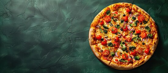 Aufkleber - Top view of a scrumptious vegetarian pizza on a green tabletop with copy space image available