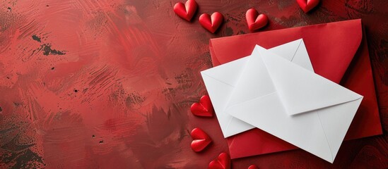 Aufkleber - Red background with hearts and a blank paper card for text Copy space image