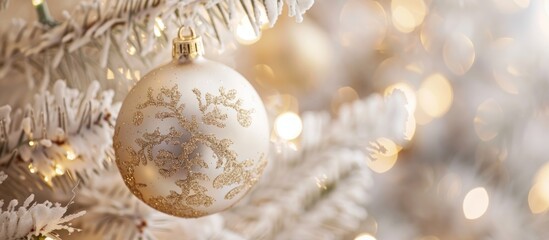 Poster - Golden bauble hanging decoratively on a white Christmas tree branch in a festive setting ideal for Christmas and New Year celebrations with copy space image
