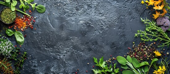 Poster - Herbs and seasonings displayed on a black stone background in a top down view with room for a copy space image
