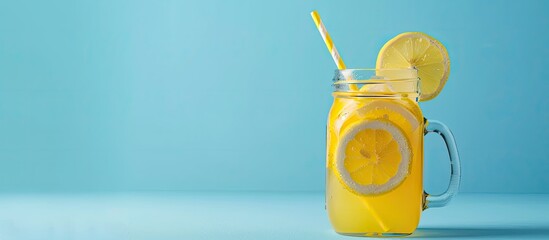 Aufkleber - Homemade lemonade in a transparent jar with a yellow drink and a straw set against a blue background offering plenty of copy space image
