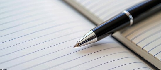 Wall Mural - A pen resting on a notebook against a white backdrop with plenty of empty copy space image