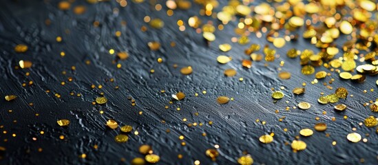 Leinwandbilder - Festive concept shown in abstract gray backdrop adorned with bright yellow sequins for a striking copy space image