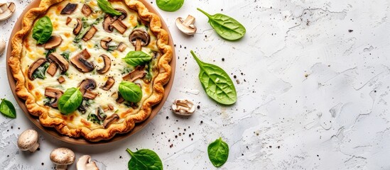 Poster - Pie with mushrooms spinach and cheese displayed on a white background with copy space image