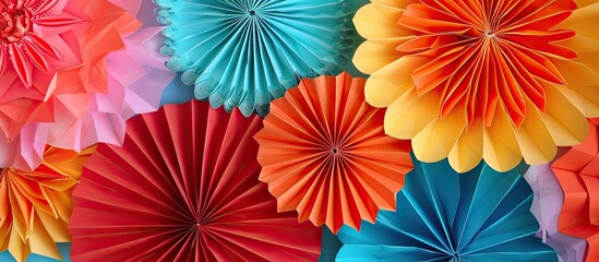 Fototapete - Vibrant rosettes and paper garlands for parties New Year birthdays and carnivals ideal as a decorative copy space image