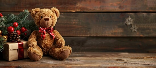 Aufkleber - Teddy bear in a gift box on a vintage wooden backdrop with a space for additional text or image depicting the holiday spirit of Christmas and New Year