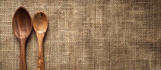Poster - View from above of a wooden spoon and fork on a burlap surface with copy space image
