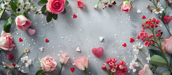 Leinwandbilder - A Valentine s Day card featuring affectionate messages and spring blooms on a soft gray backdrop suitable for Valentine s Day Women s Day and Mother s Day with a top down view and ample copy space im
