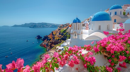 The charm of Oia, Santorini, with a solo traveler exploring the blue-domed churches, white-washed buildings, bougainvillea in bloom, and the sparkling sea under a clear blue sky. DSLR,