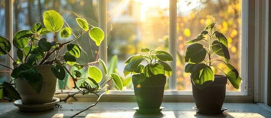 Wall Mural - Young plants by the window on a windowsill with a background of a copy space image