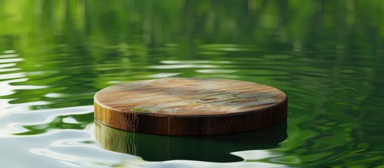 Aufkleber - Top down view of a product presentation on a wooden podium floating in water against a green backdrop accompanying a copy space image