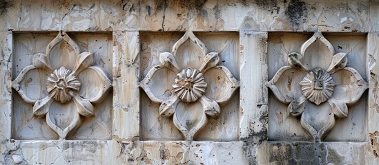 Aufkleber - Elegant and distinctive patterns grace the aged stone wall creating a beautiful and unique design for a copy space image