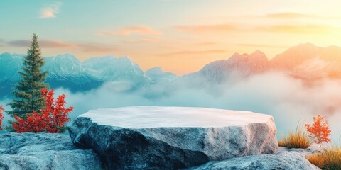 Sticker - Stone Platform Overlooking Snowy Mountain Range at Sunset