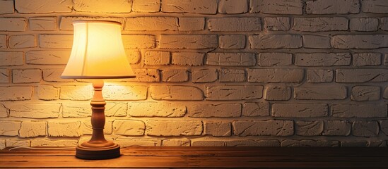 Poster - A lit lamp on a wooden table near a white brick wall creates a cozy ambiance in a dimly lit room with a copy space image