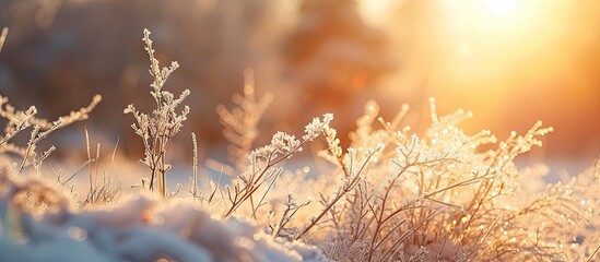 Poster - In the evening sun the grass and branches are covered in large crystal like frost creating a serene winter scene in the copy space image