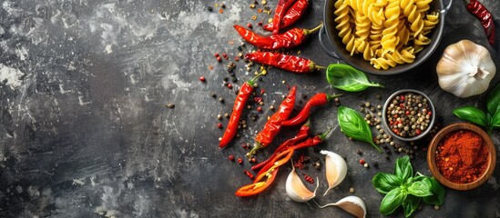 Poster - Harissa hot pepper pasta with garlic zeru and coriander is a Mexican seasoning for various dishes against a dark concrete background with copy space image