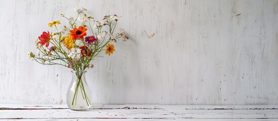 Poster - Wildflowers in a vase on a white wooden table with a copy space image