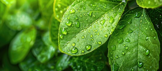 Aufkleber - Lush green leaf with rain droplets creating a natural backdrop with copy space image Suitable for banners showcasing beautiful foliage