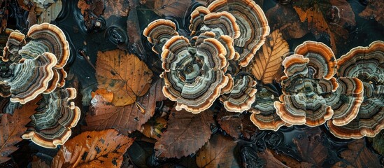 Wall Mural - Mitrula paludosa a fungus found in bog swamps thrives on decaying leaves from spring to summer with a square copy space image