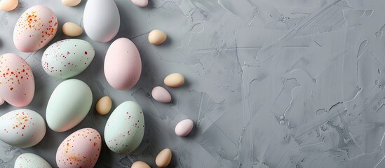 Fototapete - Trendy pastel colored Easter eggs on a gray backdrop with a modern copy space image