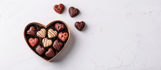 Poster - Heart shaped gift box filled with chocolates on a white backdrop ideal for birthdays Valentine s Day and special occasions with copy space image