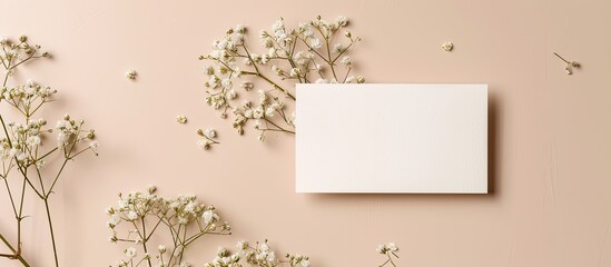 Fototapete - Minimalistic business card template featuring mockup copy space image with gypsophila flowers on a beige background designed for a sleek and professional look in a flat lay top view style