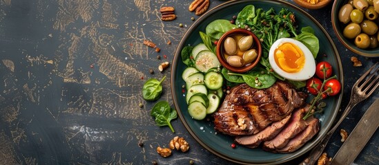 Poster - Top view of a keto brunch with a boiled egg pork steak olives cucumber spinach brie cheese nuts and tomato in a copy space image