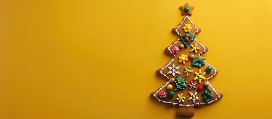 Sticker - Top view of a gingerbread Christmas tree displayed on a yellow background with ample copy space image for creative additions