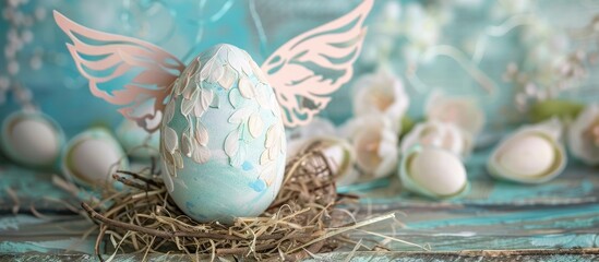 Wall Mural - An Easter themed egg decorated with angelic wings ideal for themed celebrations or a festive environment complete with ample copy space image