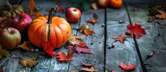 Poster - A festive autumn setting with a ripe pumpkin apples and leaves on a wooden table perfect for Thanksgiving Ideal for a banner or greeting card with copy space image