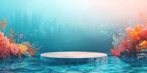 Canvas Print - Circular Stone Platform in a Surreal Underwater Cityscape