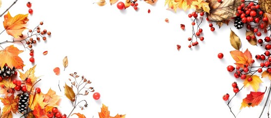 Aufkleber - White background with a border frame of colorful autumn leaves berries and magazine cut out letters in an image with copy space