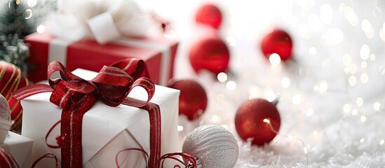 Leinwandbilder - Festive Christmas decorations and gift boxes displayed on a white background with a focus on the details Includes copy space for customization in the image