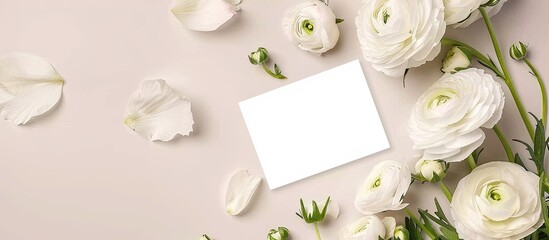 Aufkleber - Feminine flat lay floral background featuring white lysianthus and ranunculus flowers with a blank note for copy space image