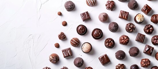 Aufkleber - Various tasty chocolate candies arranged on a blank white surface for text placement in a flat lay copy space image