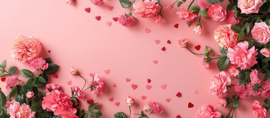 Aufkleber - A floral arrangement featuring pink flowers and hearts on a pink backdrop designed for a flat lay view with an open area for copy space image