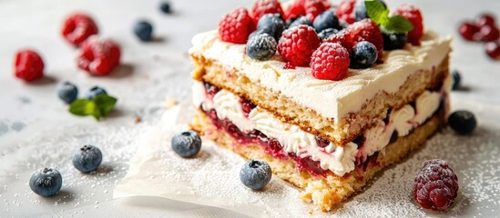 Poster - Sponge cake on a white backdrop with copy space image