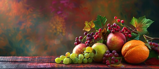 Poster - Still life arrangement of autumn fruits on a vibrant wooden table as a background for copy space image