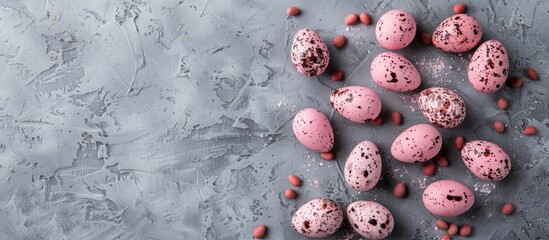 Aufkleber - Happy Easter holiday featuring pink quail eggs on a gray background in a flat lay composition with copy space image