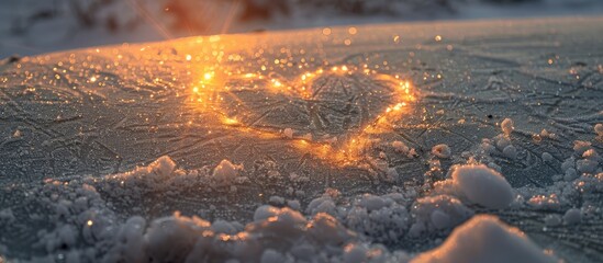 Poster - Creating a heart shaped drawing on the glittering snow with a radiant surface emanating light providing a picturesque copy space image