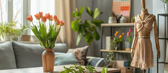 Poster - In the living room there is a table with a vase of tulips a calendar and a wooden mannequin creating a cozy ambiance with a rustic touch against a copy space image