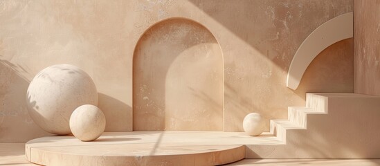 Leinwandbilder - Geometric podium on light brown backdrop with copy space image for showcasing products from above