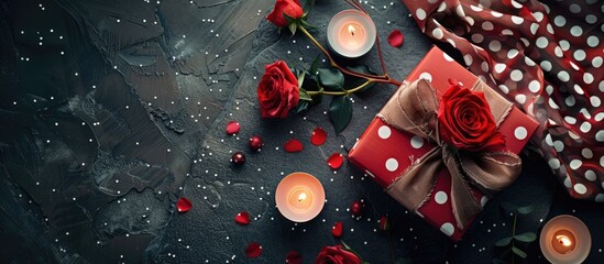 Aufkleber - A romantic gift idea featuring a red box tied with a bow candles fake flowers and a polka dot cloth displayed on a stone surface from above with room for additional images