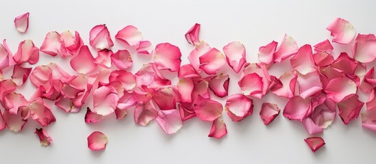 Poster - Copy space image featuring a frame crafted from delicate pink rose petals against a white backdrop creating a top view flat lay ideal for Valentine s Day