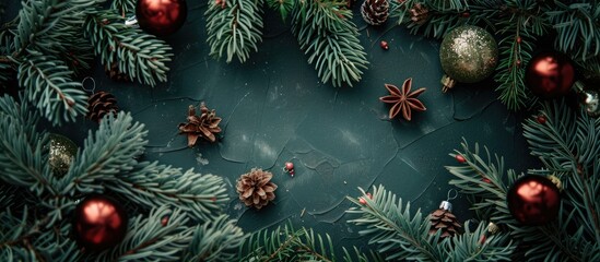 Poster - Festive Christmas themed copy space image featuring fir branches and ornaments