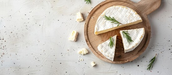 Aufkleber - Wooden plate with homemade French cheese on a light background suitable for copy space image