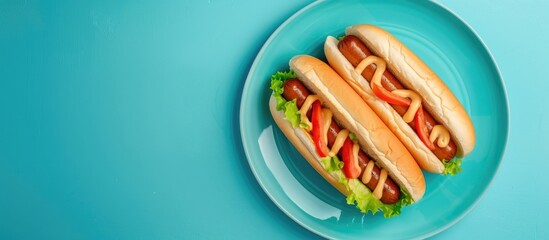 Sticker - Hotdog on a plate with ample copy space for text or graphics in a flat lay composition