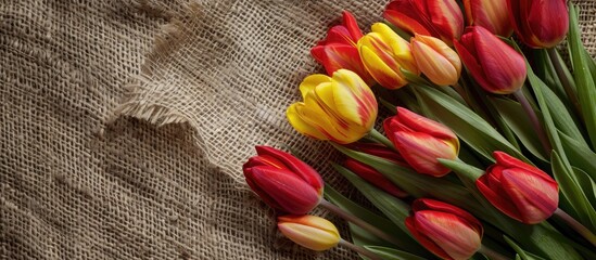 Poster - Floral arrangement of red and yellow tulips displayed on rustic sackcloth ideal as a gift for Women s Day or Mother s Day with vacant copy space image