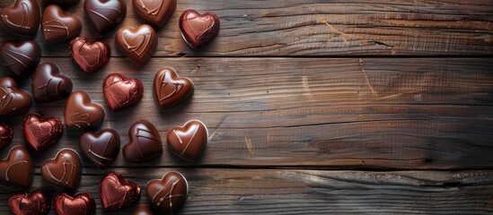 Poster - Valentine s Day concept with heart shaped chocolates on a wooden table creating a romantic atmosphere for a greeting card Top view of the copy space image