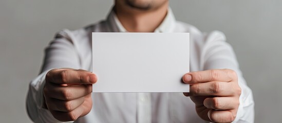 Poster - An employee holds up a blank business card for a mockup template against a neutral background with space for a logo. Creative banner. Copyspace image